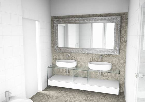 Rendering: bagno con doppio lavabo su mensola in vetro