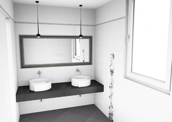 Rendering: bagno con due lavabi tondi e specchio