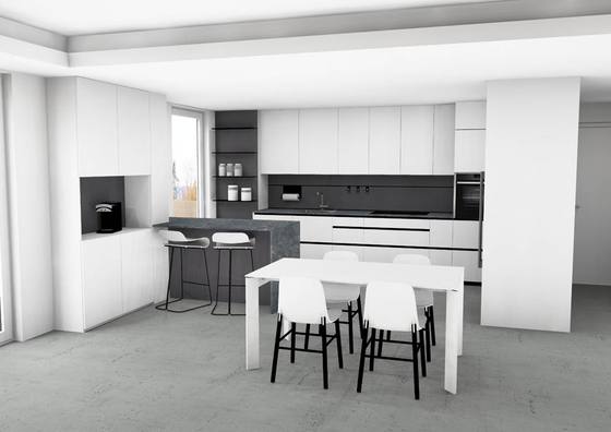 Rendering: cucina bianca e legno con tavolo da pranzo
