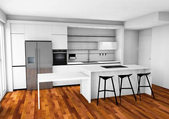 Rendering: cucina con isola e sgabelli neri