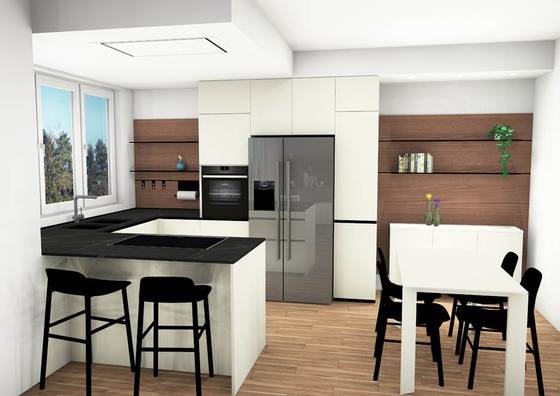 Rendering: cucina con penisola scura e frigorifero side by side