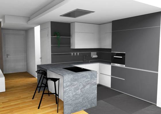 Rendering: cucina grigia con penisola in pietra