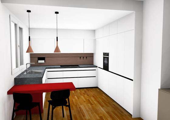 Rendering: cucina bianca con piano snack rosso