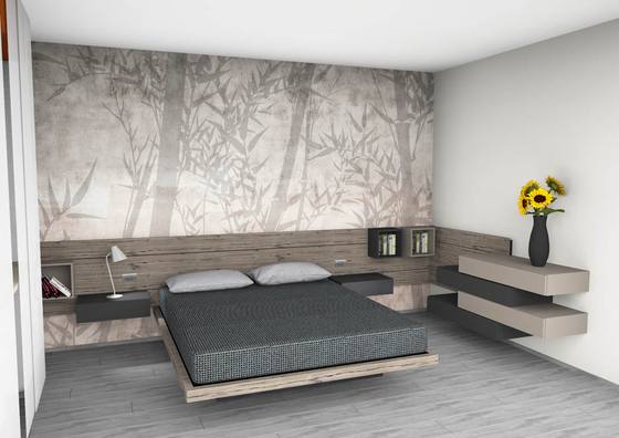 Rendering: camera da letto con letto sospeso e carta da parati