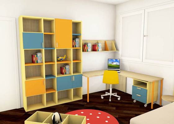 Rendering: cameretta con libreria gialla e azzurra