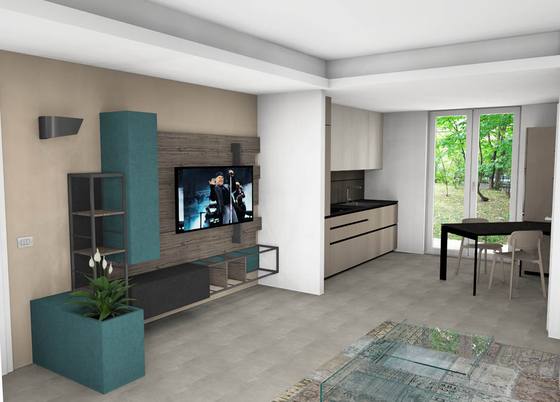 Rendering: soggiorno con parete TV in legno e mobile verde petrolio
