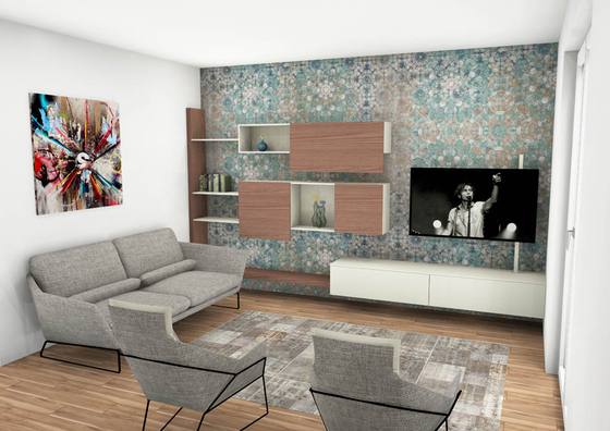 Rendering: soggiorno con divano grigio e parete decorata