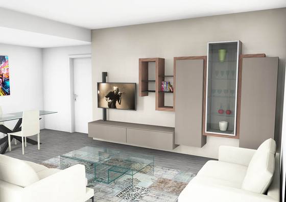 Rendering: soggiorno con divani bianchi e mobili sospesi