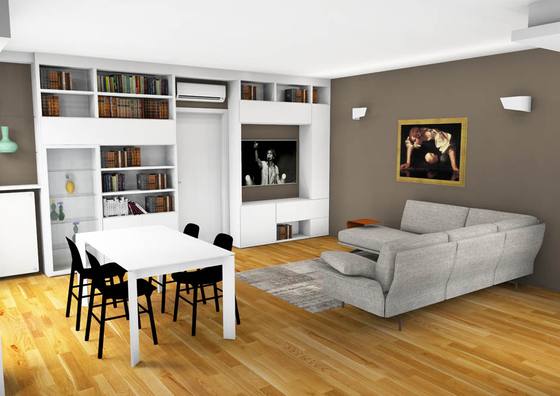 Rendering: soggiorno con libreria bianca e tavolo